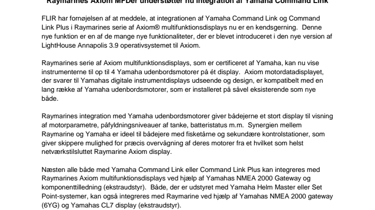Raymarines Axiom MFDer understøtter nu integration af Yamaha Command Link 