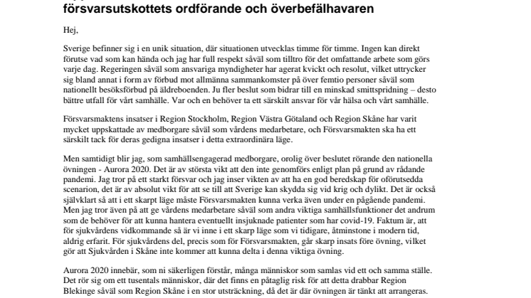Brev till statsministern, försvarsministern, försvarsutskottets ordförande och överbefälhavaren