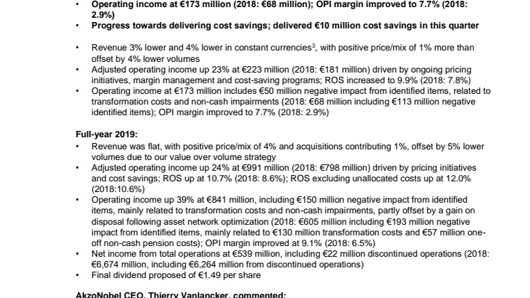 AkzoNobel’s Q4 and full-year 2019 results show transformation on track, with further step up in profitability, despite softer end market demand 