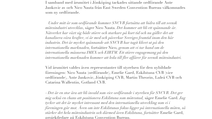 Eskilstuna Convention Bureau tar plats i Swedish Network of Convention Bureaus styrelse