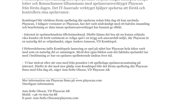 Kombispel lanserar spel på nätet med Playscan från dag ett