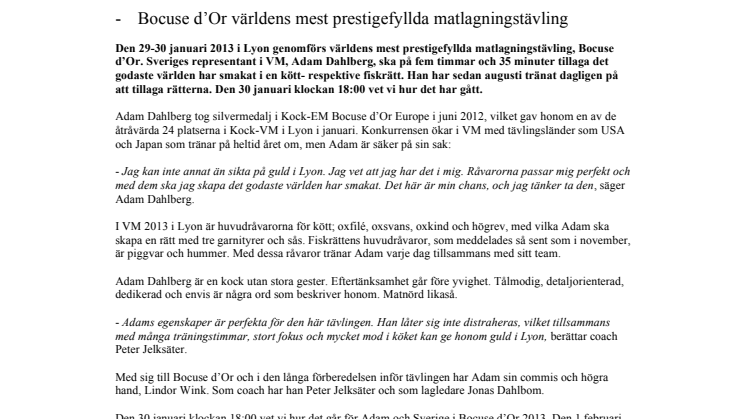 Adam Dahlberg tävlar i Kock-VM, Lyon 29-30 januari 