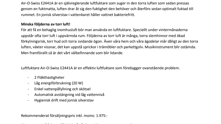 Luftfuktare Air-O-Swiss E2441A nu med avstängningsautomatik. 