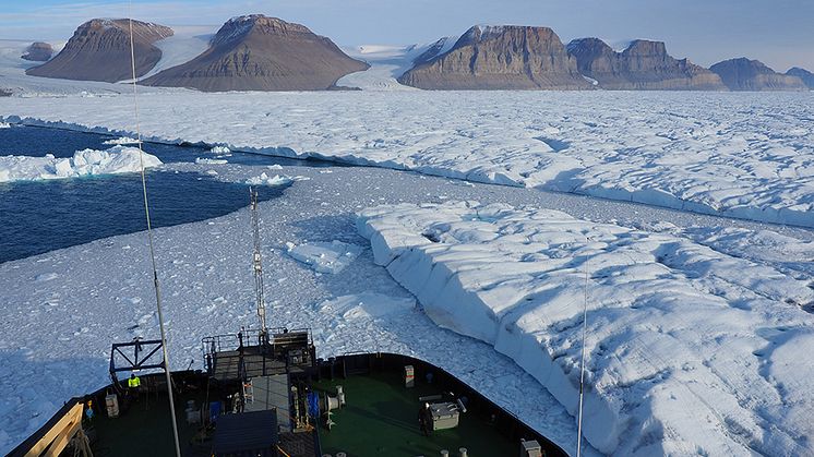 Den svenska isbrytaren Oden framför Petermannglaciärens istunga under en expedition 2019. Den nya studien visar att istungan kan brytas upp om uppvärmningen av havet fortsätter. Foto: Martin Jakobsson.