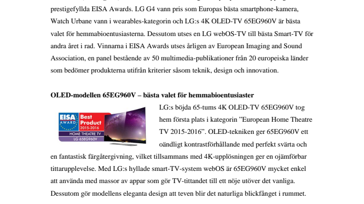 FYRA PRISER TILL LG ELECTRONICS I ÅRETS EISA AWARDS