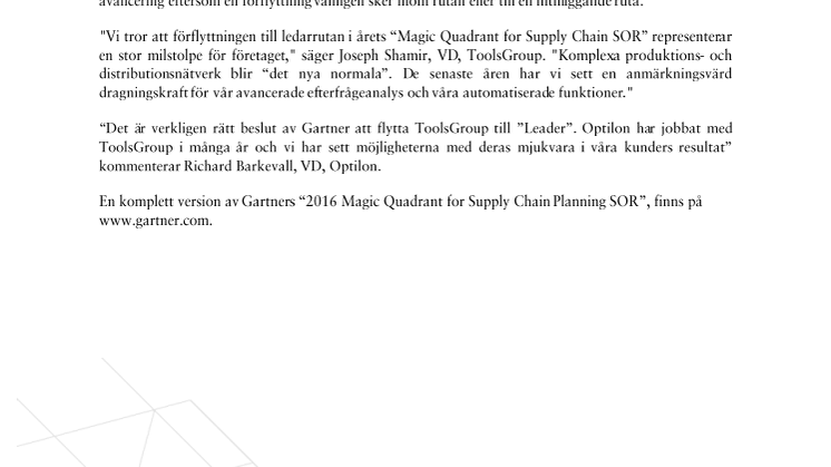 Optilons partner ToolsGroup avancerar i Gartners Magic Quadrant