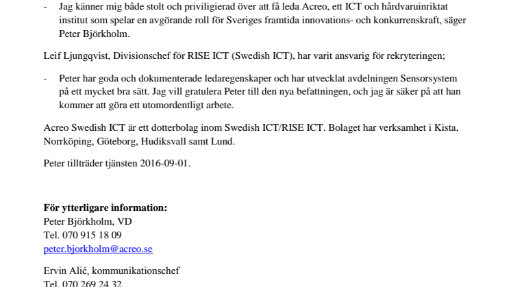 Peter Björkholm ny VD på Acreo Swedish ICT AB