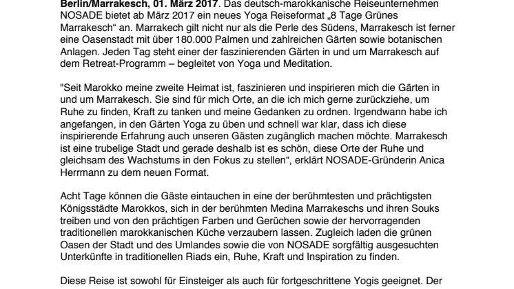 NOSADE startet neues Yoga Retreat-Format „8 Tage Grünes Marrakesch“ 