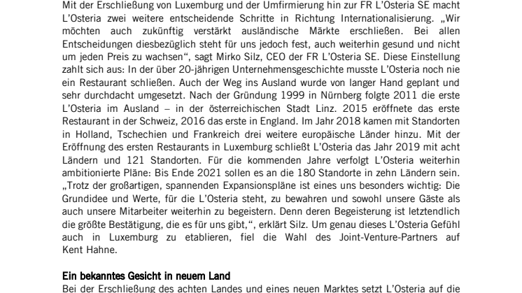 L’Osteria setzt Internationalisierung in Luxemburg fort