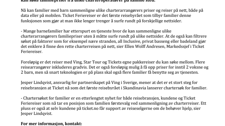 Nå kan familier endelig sammenligne charterreiser på nettet.