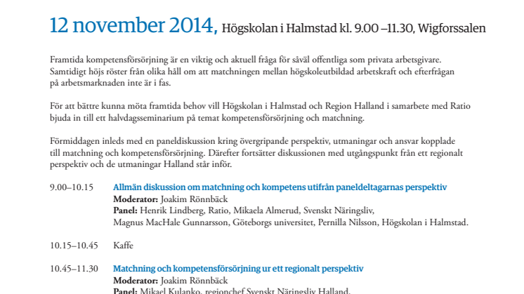 Inbjudan till dialogseminarium om kompetensförsörjning och matchning, den 12 november 2014.