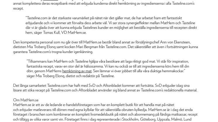 MatHem.se förvärvar Sveriges ledande receptbank Tasteline.com 