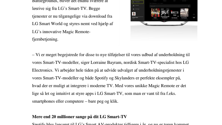 SPOTIFY OG SKYLANDERS KOMMER TIL LG’S SMART-TV