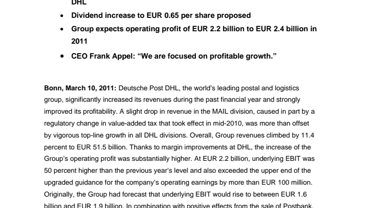 Deutsche Post DHL överträffar prognos och föreslår ökad utdelning för 2010