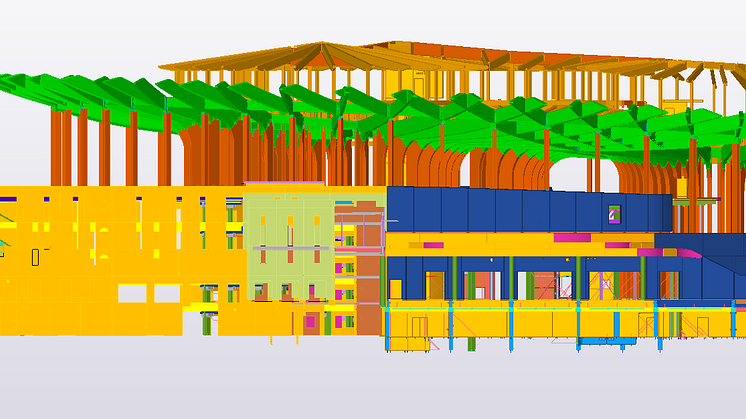 Modellbild från Optima av bygget i Tekla Structures - fasadvy 