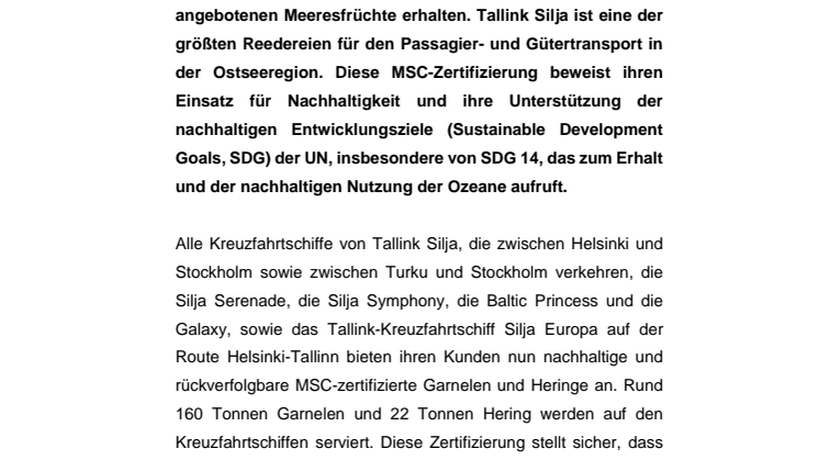Tallink Silja wird weltweit erste Kreuzfahrtlinie, die MSC-zertifizierte Meeresfrüchte serviert