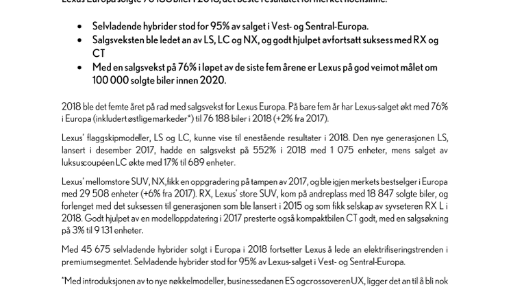 LEXUS MED SALGSVEKST I EUROPA FEM ÅR PÅ RAD
