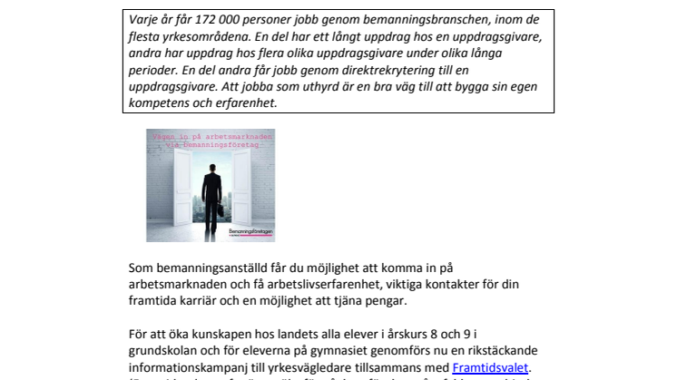 Vägen in på arbetsmarknaden via bemanningsföretag – informationspaket till unga via yrkesvägledare