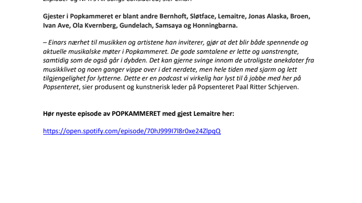 Einar Stray og Popsenteret lanserer Popkammeret - en musikkpodkast.