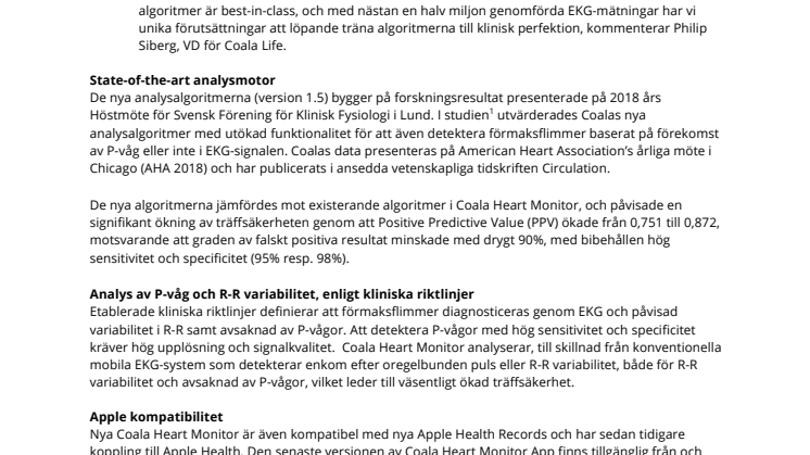 Coala lanserar nya unika algoritmer med avancerad  P-vågsdetektion och kompatibilitet med Apple Health Records