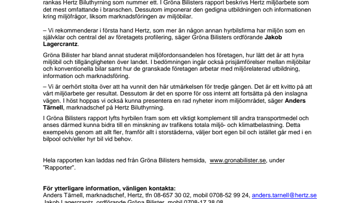 Hertz miljöbästa hyrbilsföretaget för tredje året i rad 