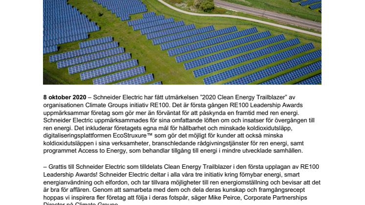 Schneider Electric prisas för banbrytande insatser för ren energi