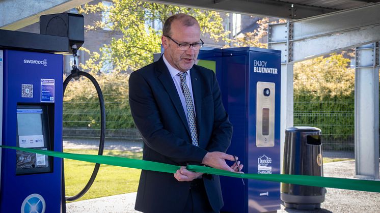 Dundee City Councillor Mark Flynn, Convener of City Development, officially opening the new Clepington Road Hub in Dundee, Scotland, on 25 April 2023.