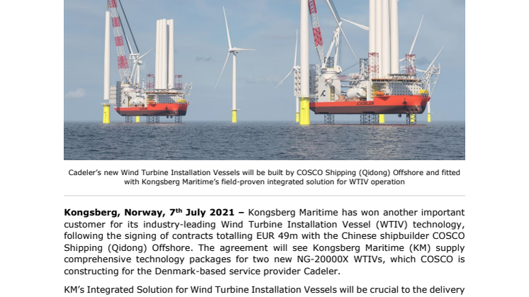KONGSBERG’s integrated Wind Turbine Installation Vessel technology chosen by COSCO