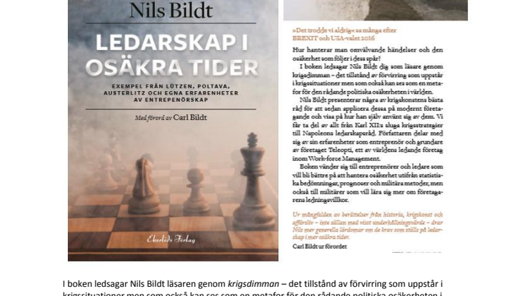 Inbjudan till presentation av bok av Nils Bildt  om ledarskap i osäkra tider med förord av Carl Bildt