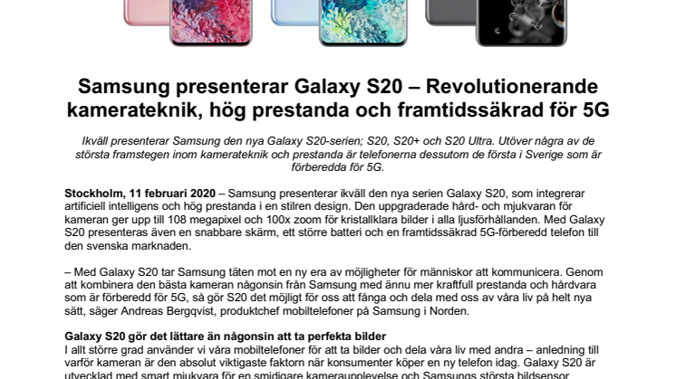 Samsung presenterar Galaxy S20 – Revolutionerande kamerateknik, hög prestanda och framtidssäkrad för 5G