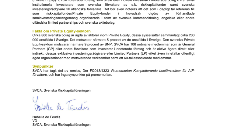 Remissyttrande Fi2013/4323 Promemorian Kompletterande bestämmelser för AIF-förvaltare