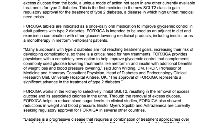 Forxiga™ (dapagliflozin) godkänt inom EU för behandling av typ-2-diabetes
