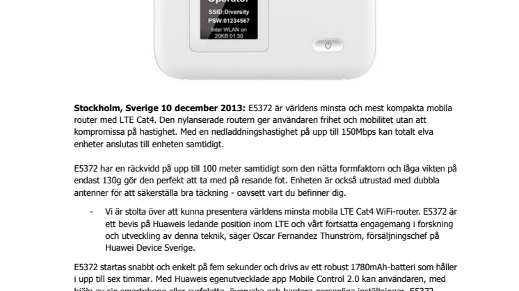 Huawei lanserar världens minsta mobila router med LTE Cat4 