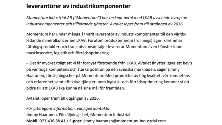 ​LKAB väljer Momentum Industrial som en av sina leverantörer av industrikomponenter