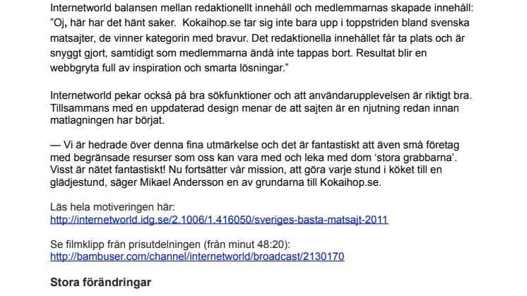 Kokaihop.se bästa svenska matsajt 2011