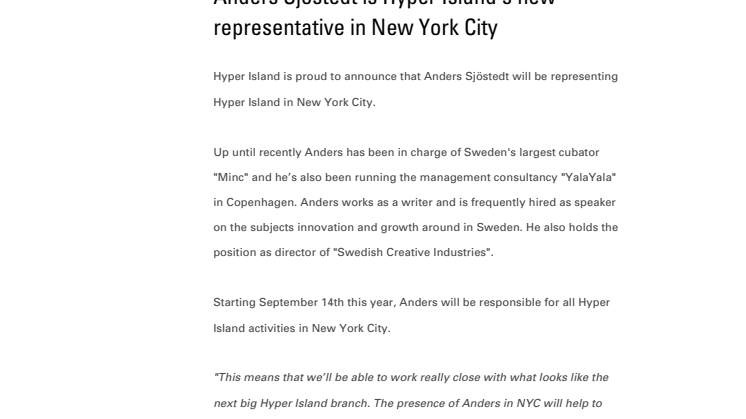 Anders Sjöstedt is Hyper Island's new representative in New York City