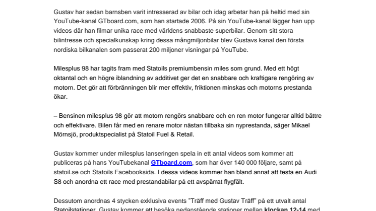 Statoil lanserar förbättrad bensin i samarbete med Gustav Träff 