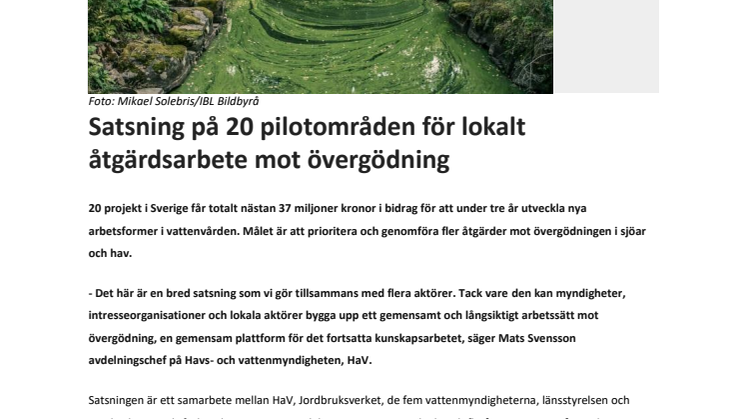 Satsning på 20 pilotområden för lokalt åtgärdsarbete mot övergödning