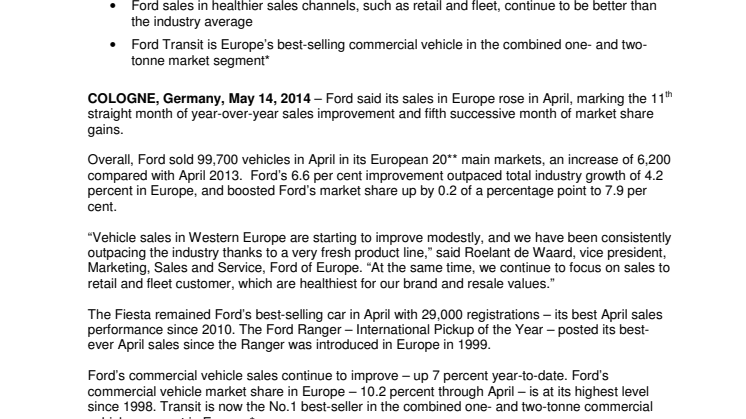 FORD’S EUROPEAN SALES VOLUME AND MARKET SHARE RISE IN APRIL