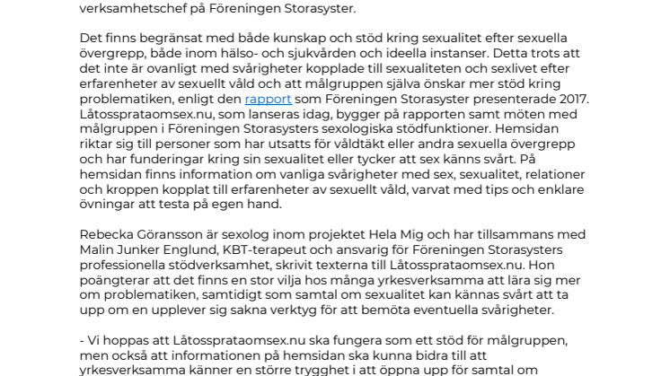 Föreningen Storasyster lanserar Låtossprataomsex.nu! 
