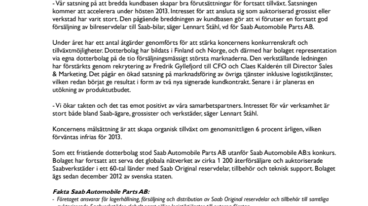 Saab Automobile Parts AB ökar försäljning och resultat