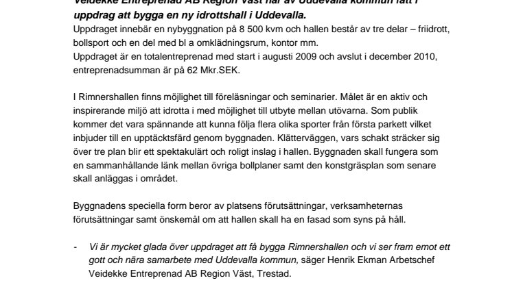 Veidekke bygger Rimnershallen i Uddevalla