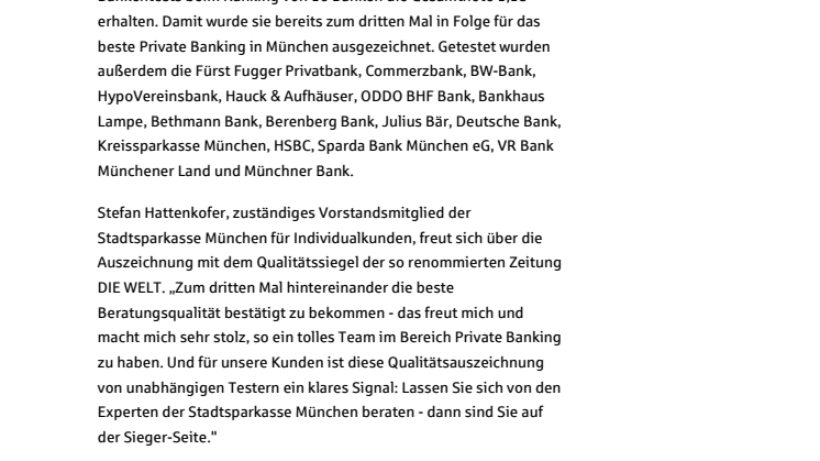 Triple für die Stadtsparkasse München! Zum dritten Mal Testsieger im Private Banking.