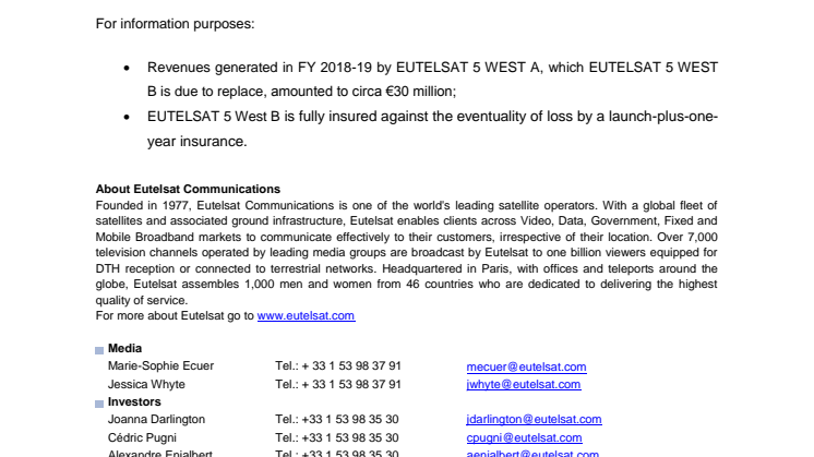 Eutelsat statement on EUTELSAT 5 West B  