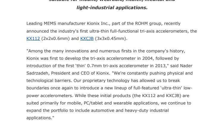 ROHM Announces the Industry's Thinnest Class of Accelerometers
