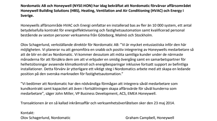 Nordomatic AB förvärvar Honeywell Building Solutions i Sverige