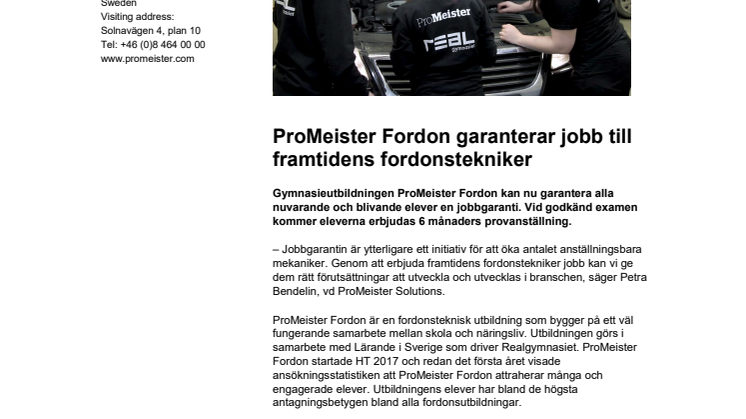 ProMeister Fordon garanterar jobb till framtidens fordonstekniker