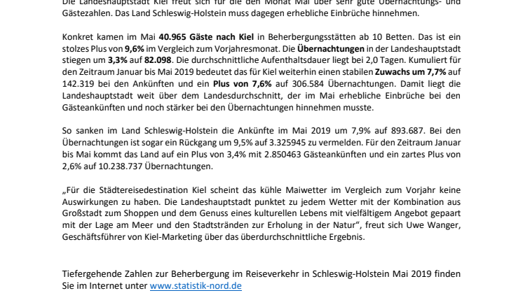Kiel weiter auf Erfolgskurs. Gäste- und Übernachtungszahlen steigen stetig
