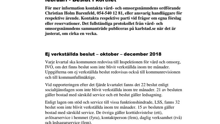 Vård- och omsorgsnämndens beslut i korthet 13 februari