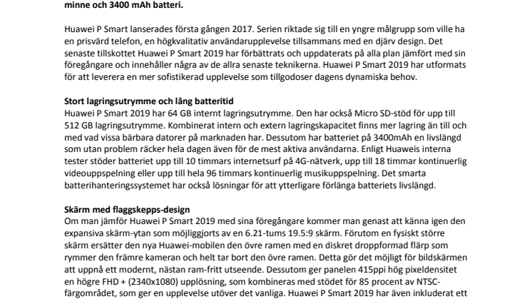 Huawei lanserar P Smart 2019 - nu med större lagringsutrymme, bättre batteritid, större skärm och två AI-kameror